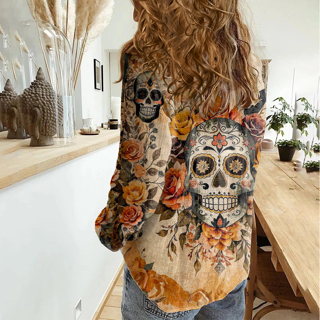 Sugar Skull Women Casual Shirt Rose Sugar Skull Vintage - Wonder Print Shop