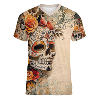 Sugar Skull Women V Neck T Shirt Rose Sugar Skull Vintage - Wonder Print Shop