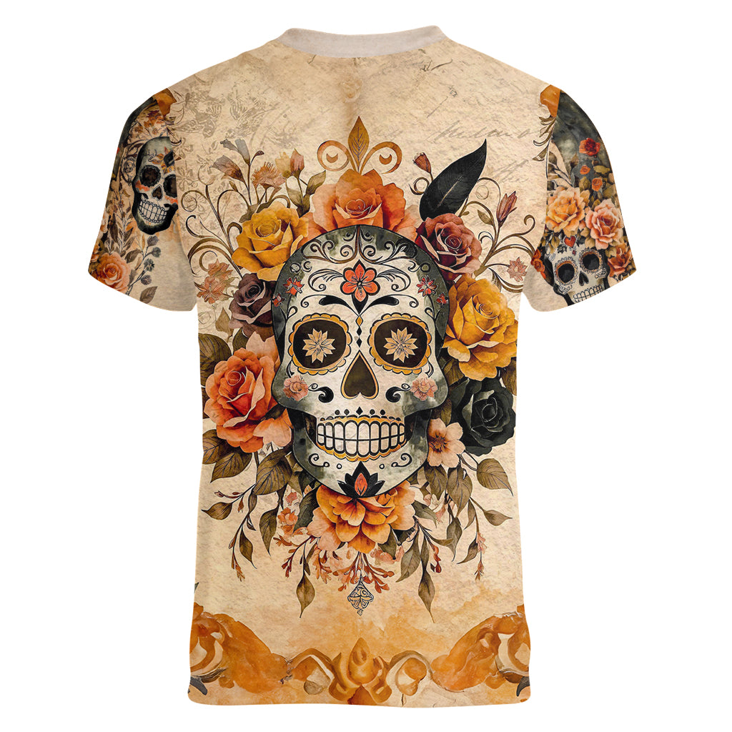 Sugar Skull Women V Neck T Shirt Rose Sugar Skull Vintage - Wonder Print Shop