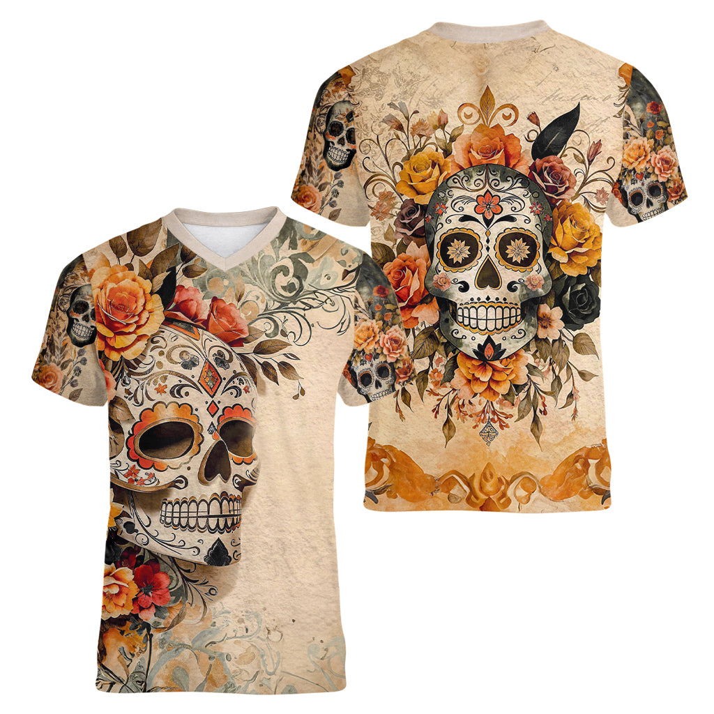 Sugar Skull Women V Neck T Shirt Rose Sugar Skull Vintage - Wonder Print Shop