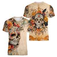 Sugar Skull Women V Neck T Shirt Rose Sugar Skull Vintage - Wonder Print Shop
