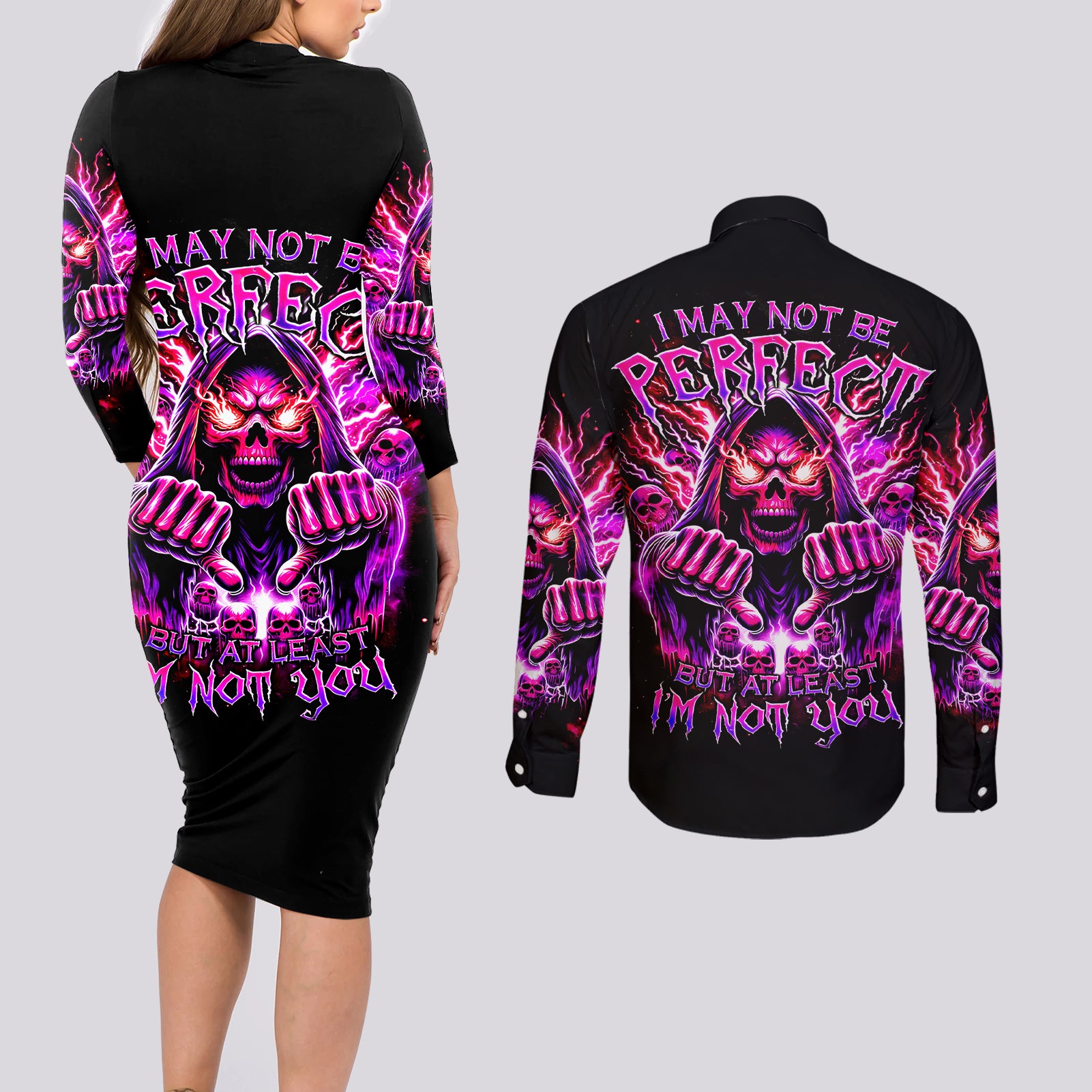 Thunder Skull Couples Matching Long Sleeve Bodycon Dress and Long Sleeve Button Shirt I May Be Not Perfect But At Least I'm Not You - Wonder Print Shop