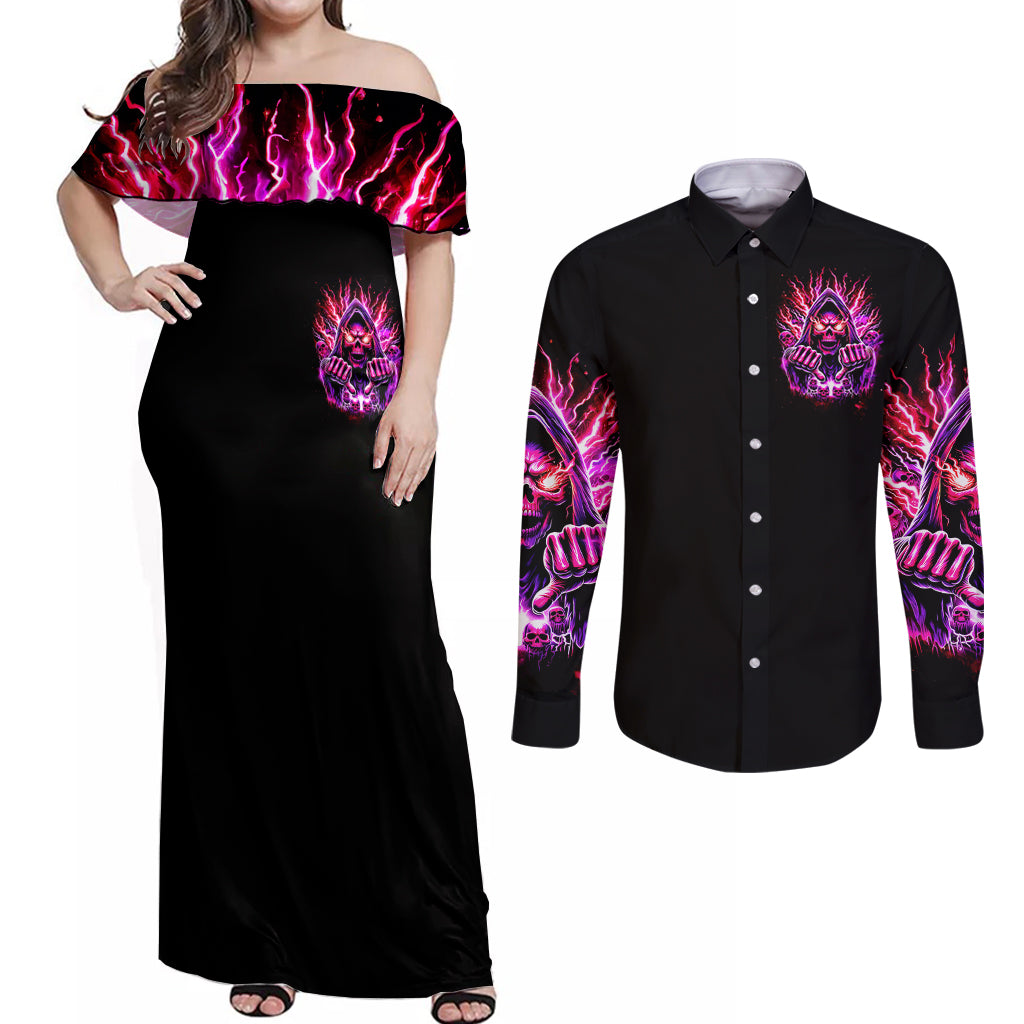 Thunder Skull Couples Matching Off Shoulder Maxi Dress and Long Sleeve Button Shirt I May Be Not Perfect But At Least I'm Not You - Wonder Print Shop