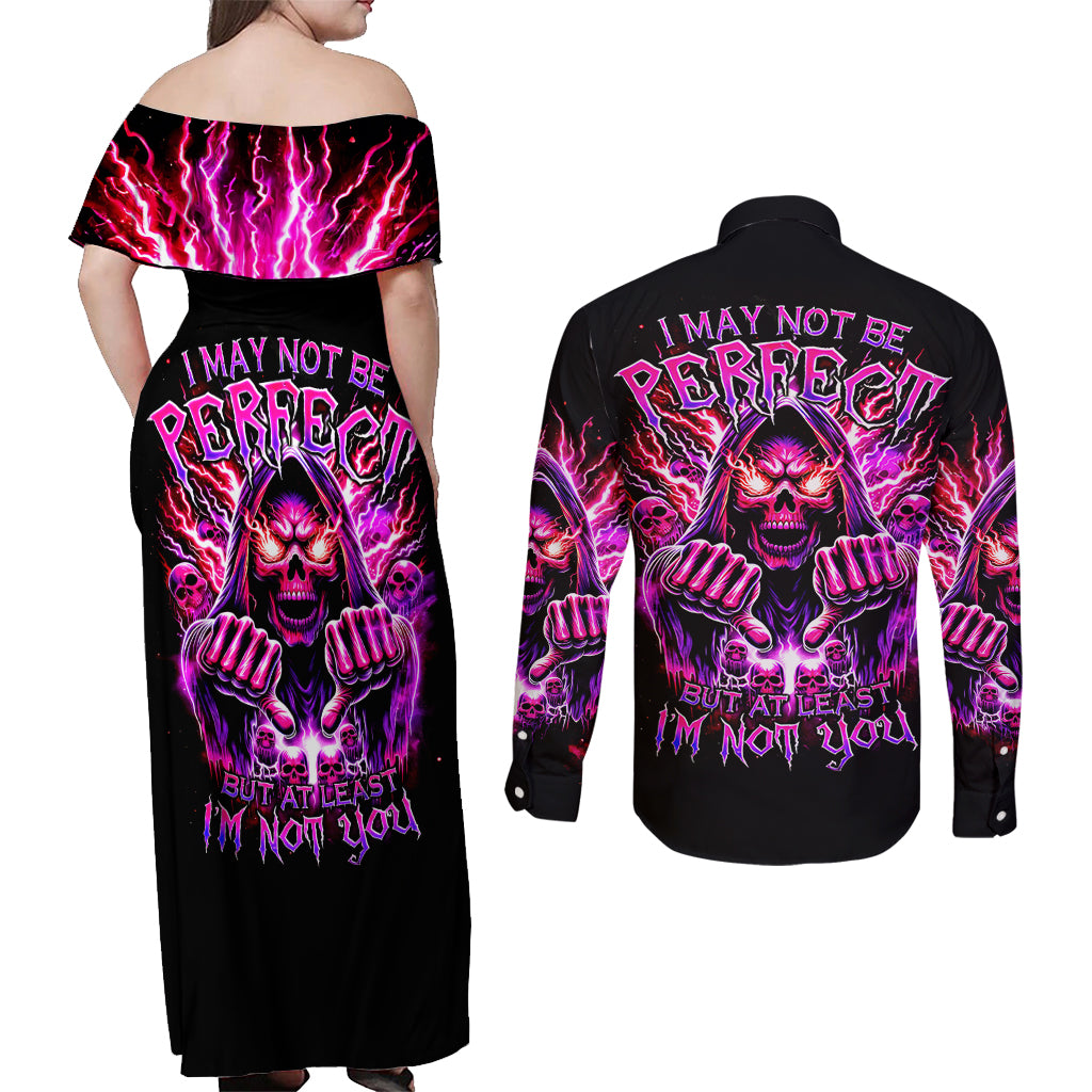Thunder Skull Couples Matching Off Shoulder Maxi Dress and Long Sleeve Button Shirt I May Be Not Perfect But At Least I'm Not You - Wonder Print Shop