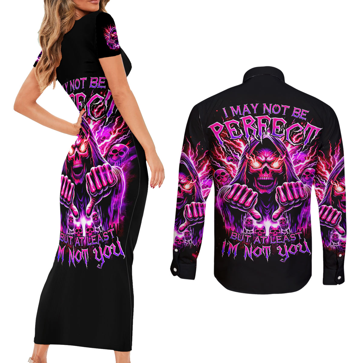 Thunder Skull Couples Matching Short Sleeve Bodycon Dress and Long Sleeve Button Shirt I May Be Not Perfect But At Least I'm Not You - Wonder Print Shop