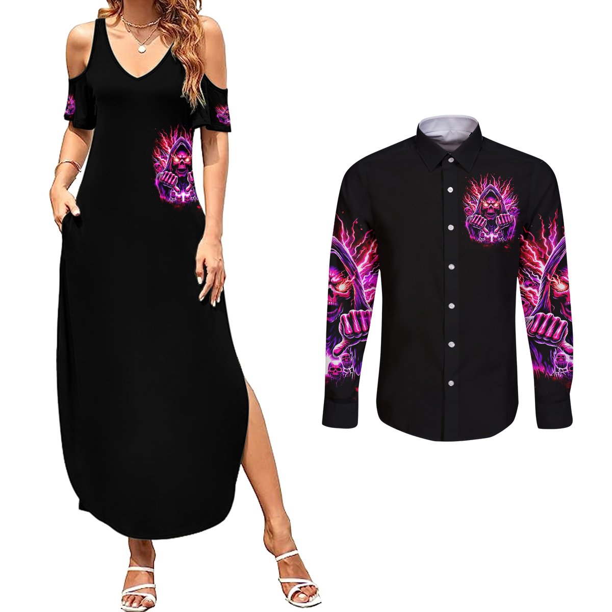 Thunder Skull Couples Matching Summer Maxi Dress and Long Sleeve Button Shirt I May Be Not Perfect But At Least I'm Not You - Wonder Print Shop