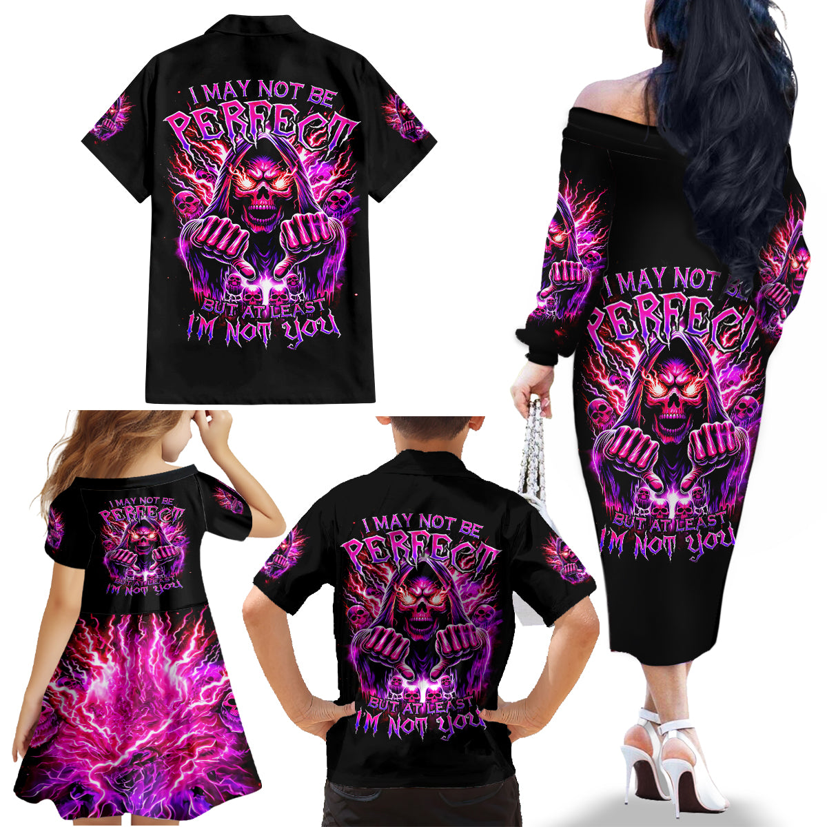 Thunder Skull Family Matching Off Shoulder Long Sleeve Dress and Hawaiian Shirt I May Be Not Perfect But At Least I'm Not You - Wonder Print Shop