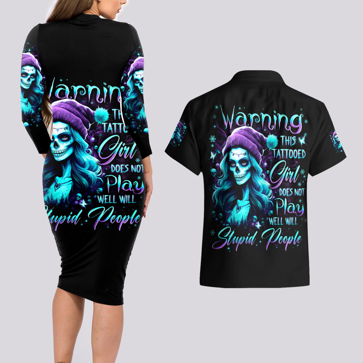 Christmas Skull Girl Couples Matching Long Sleeve Bodycon Dress and Hawaiian Shirt Warning This Tattooed Girl Does Not Play With Stupid People - Wonder Print Shop