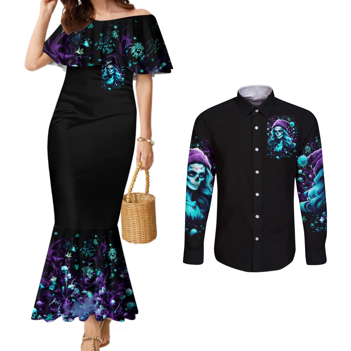 christmas-skull-girl-couples-matching-mermaid-dress-and-long-sleeve-button-shirt-warning-this-tattooed-girl-does-not-play-with-stupid-people