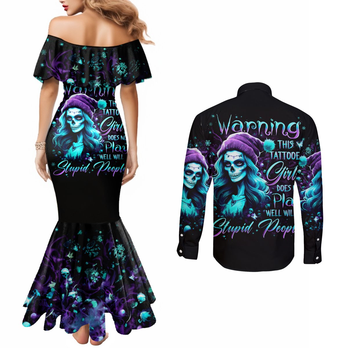 christmas-skull-girl-couples-matching-mermaid-dress-and-long-sleeve-button-shirt-warning-this-tattooed-girl-does-not-play-with-stupid-people