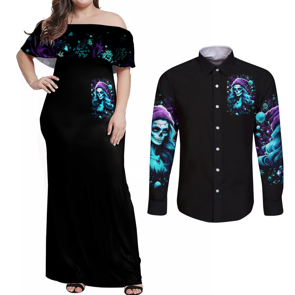 Christmas Skull Girl Couples Matching Off Shoulder Maxi Dress and Long Sleeve Button Shirt Warning This Tattooed Girl Does Not Play With Stupid People - Wonder Print Shop