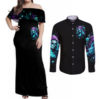 Christmas Skull Girl Couples Matching Off Shoulder Maxi Dress and Long Sleeve Button Shirt Warning This Tattooed Girl Does Not Play With Stupid People - Wonder Print Shop