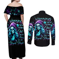 Christmas Skull Girl Couples Matching Off Shoulder Maxi Dress and Long Sleeve Button Shirt Warning This Tattooed Girl Does Not Play With Stupid People - Wonder Print Shop