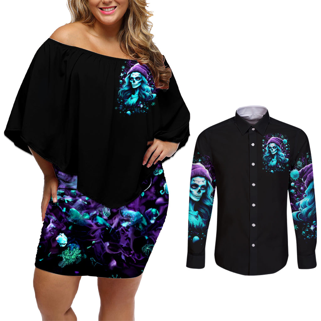 Christmas Skull Girl Couples Matching Off Shoulder Short Dress and Long Sleeve Button Shirt Warning This Tattooed Girl Does Not Play With Stupid People - Wonder Print Shop