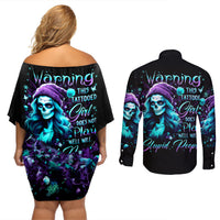 Christmas Skull Girl Couples Matching Off Shoulder Short Dress and Long Sleeve Button Shirt Warning This Tattooed Girl Does Not Play With Stupid People - Wonder Print Shop