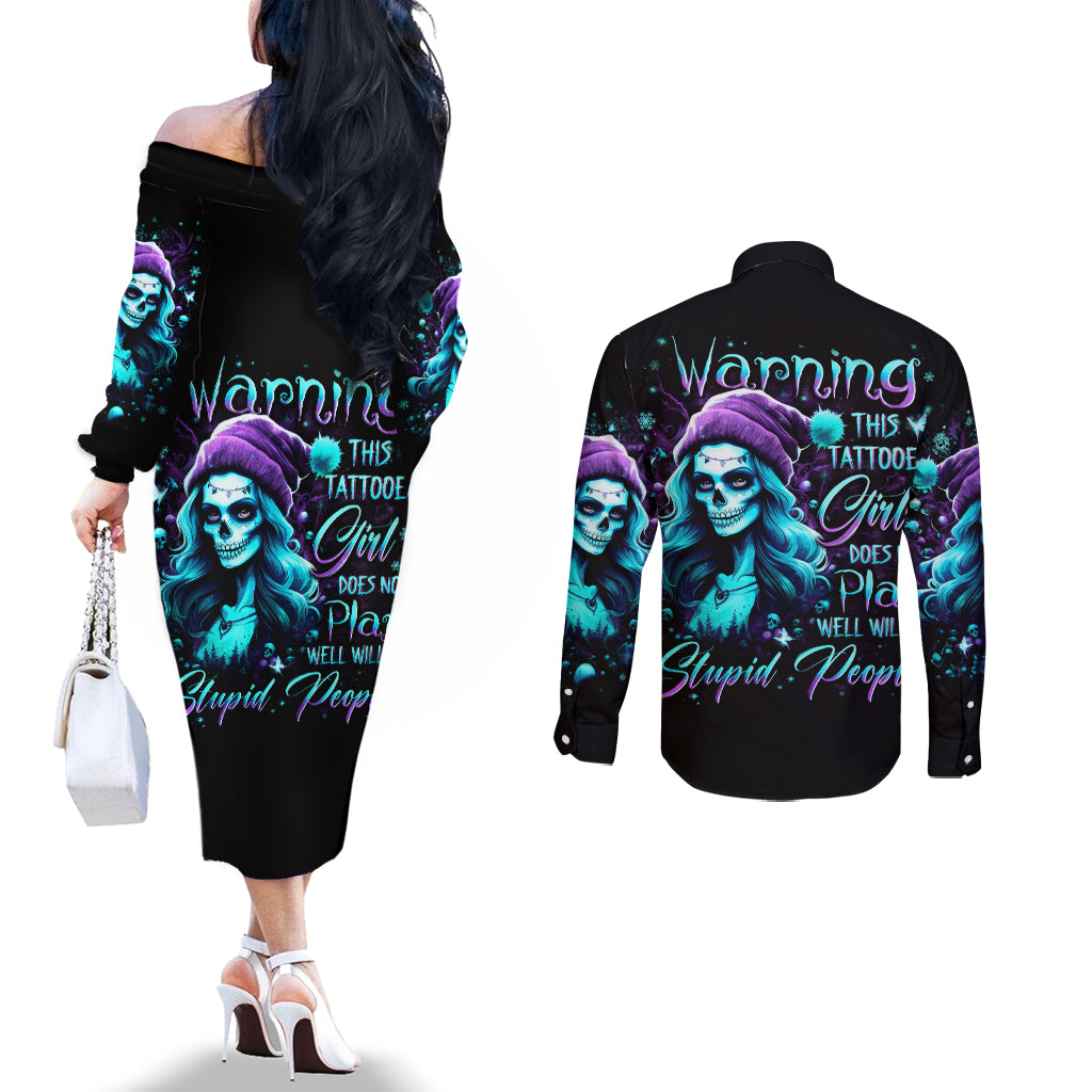 christmas-skull-girl-couples-matching-off-the-shoulder-long-sleeve-dress-and-long-sleeve-button-shirt-warning-this-tattooed-girl-does-not-play-with-stupid-people