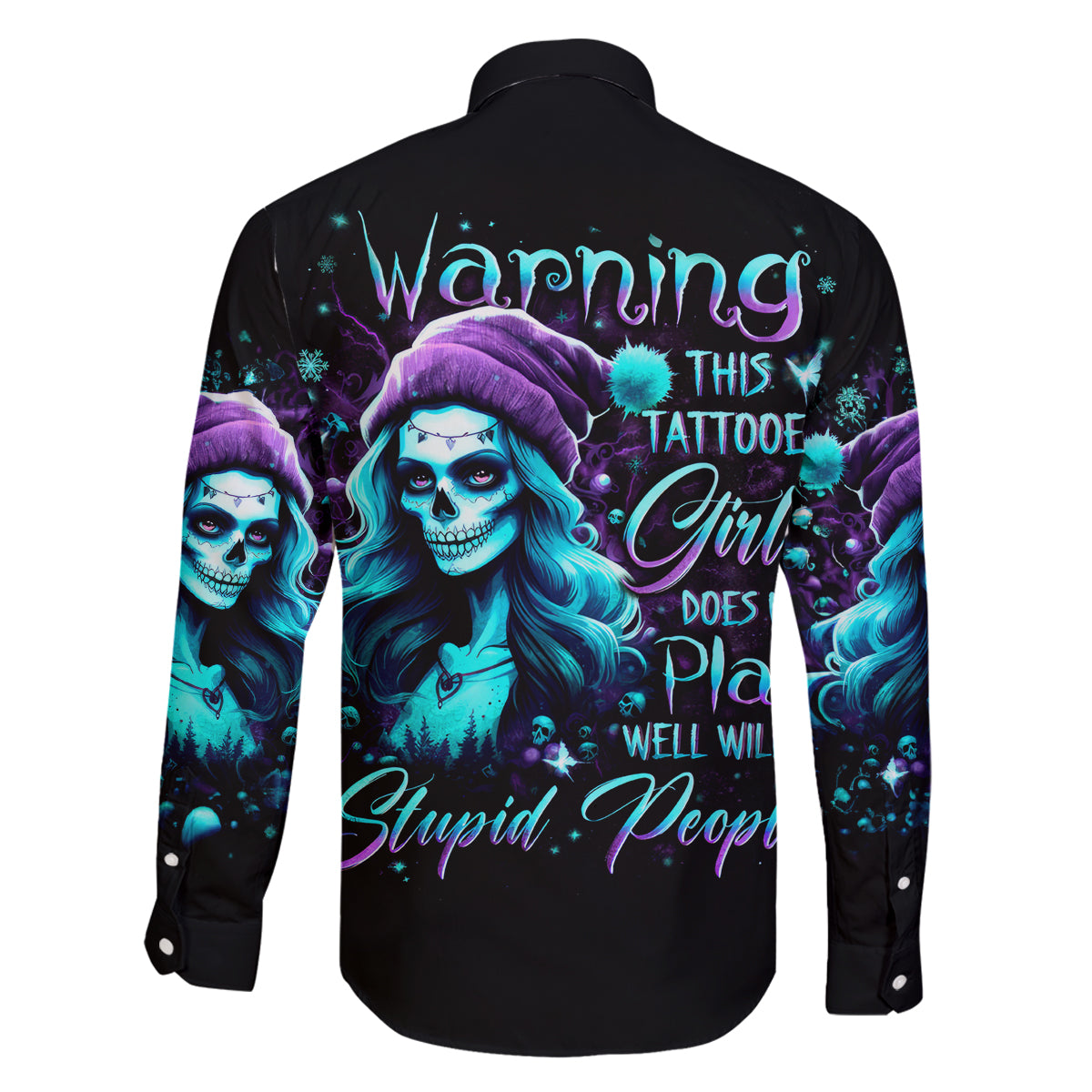 Christmas Skull Girl Family Matching Long Sleeve Bodycon Dress and Hawaiian Shirt Warning This Tattooed Girl Does Not Play With Stupid People - Wonder Print Shop