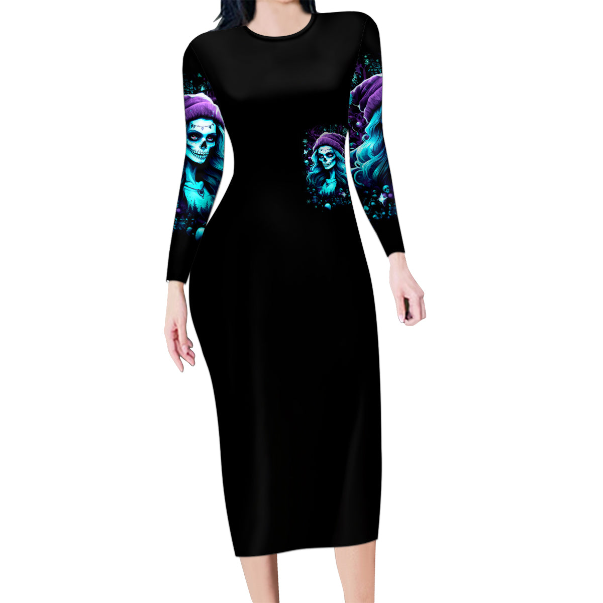 Christmas Skull Girl Family Matching Long Sleeve Bodycon Dress and Hawaiian Shirt Warning This Tattooed Girl Does Not Play With Stupid People - Wonder Print Shop