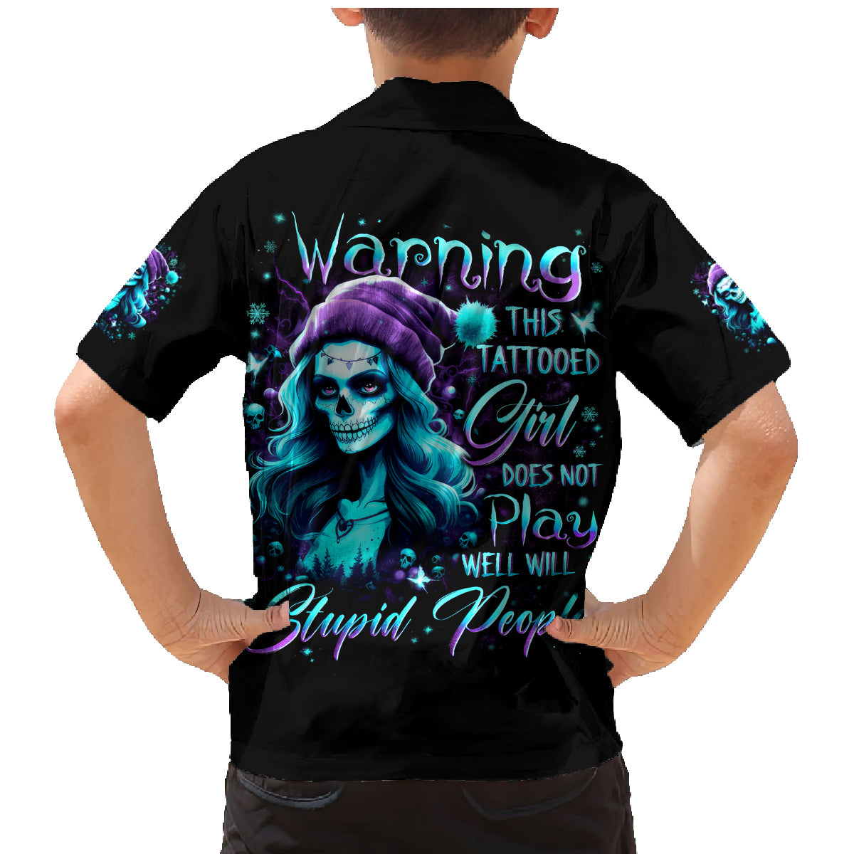 Christmas Skull Girl Family Matching Mermaid Dress and Hawaiian Shirt Warning This Tattooed Girl Does Not Play With Stupid People - Wonder Print Shop