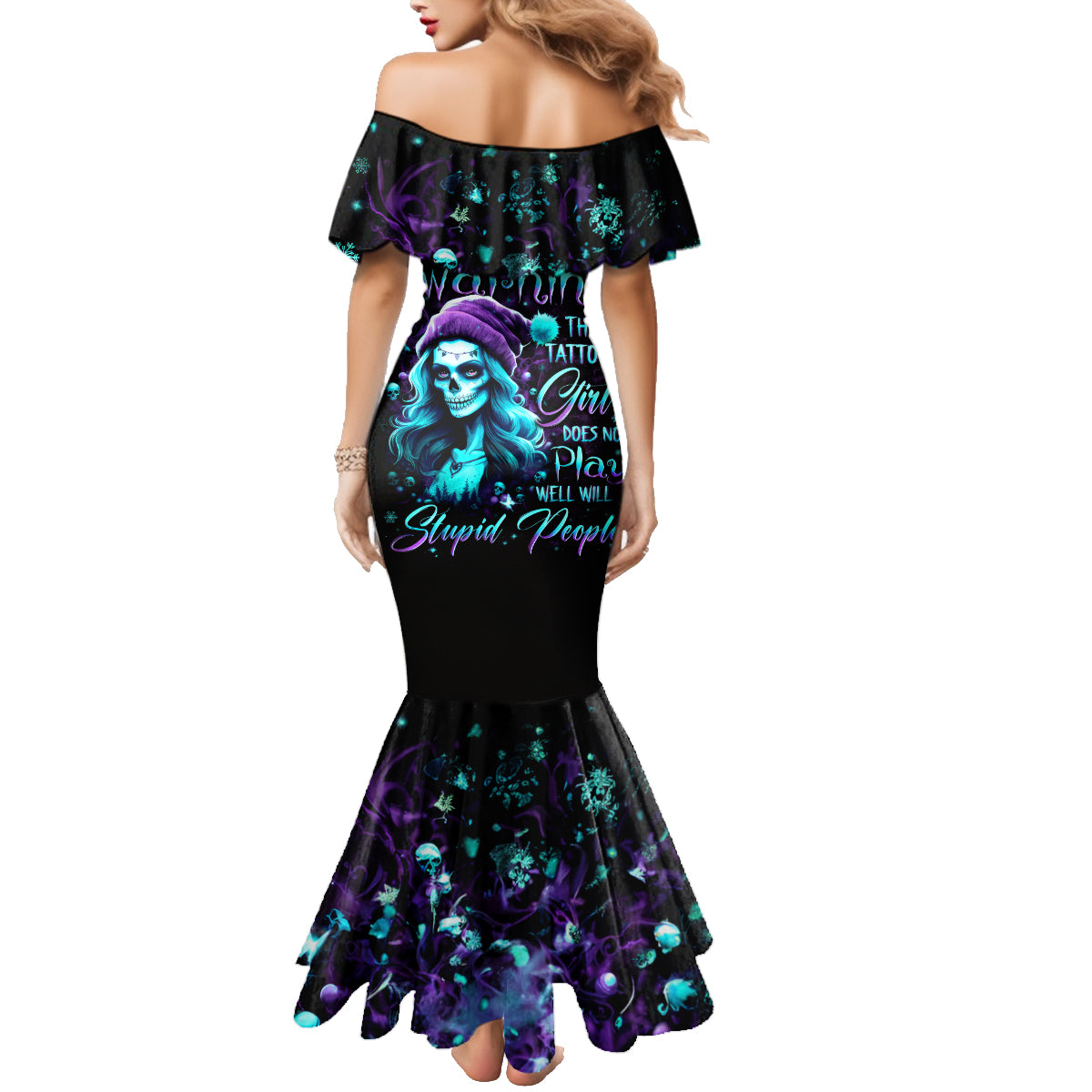 Christmas Skull Girl Family Matching Mermaid Dress and Hawaiian Shirt Warning This Tattooed Girl Does Not Play With Stupid People - Wonder Print Shop