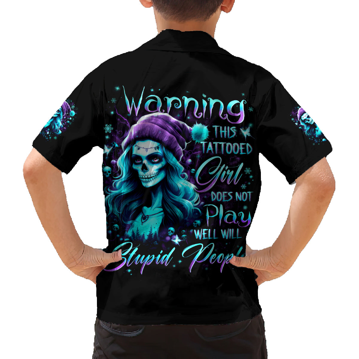 Christmas Skull Girl Family Matching Off Shoulder Long Sleeve Dress and Hawaiian Shirt Warning This Tattooed Girl Does Not Play With Stupid People - Wonder Print Shop