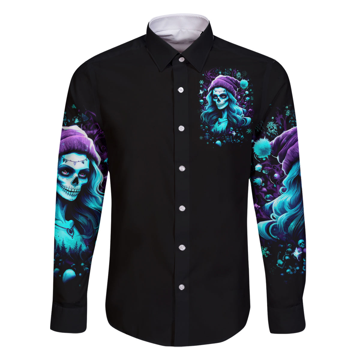 Christmas Skull Girl Family Matching Off Shoulder Long Sleeve Dress and Hawaiian Shirt Warning This Tattooed Girl Does Not Play With Stupid People - Wonder Print Shop