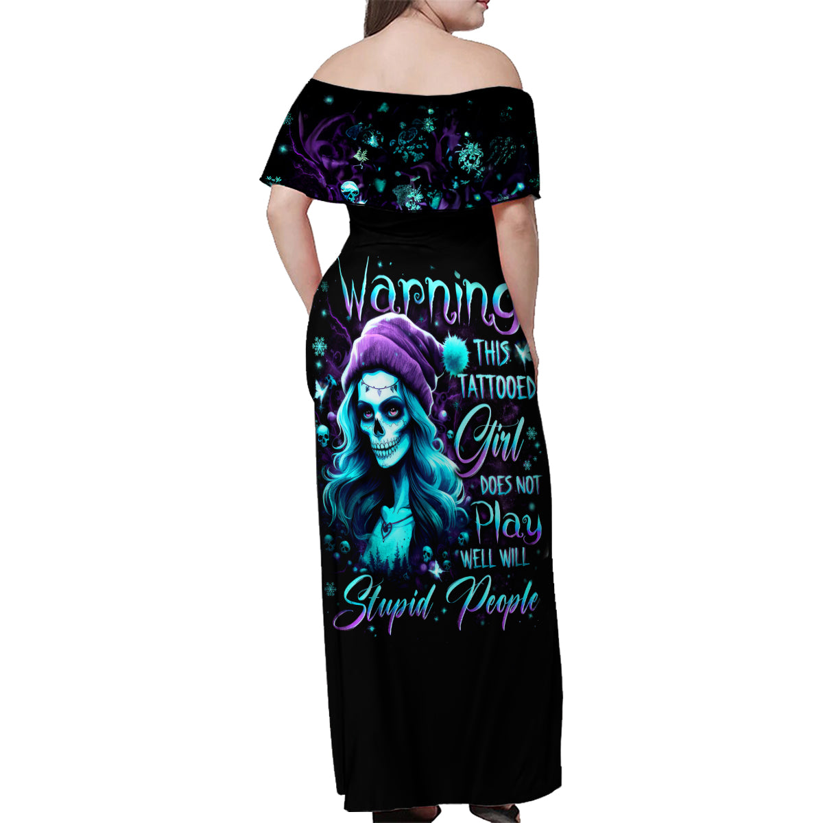 Christmas Skull Girl Family Matching Off Shoulder Maxi Dress and Hawaiian Shirt Warning This Tattooed Girl Does Not Play With Stupid People - Wonder Print Shop