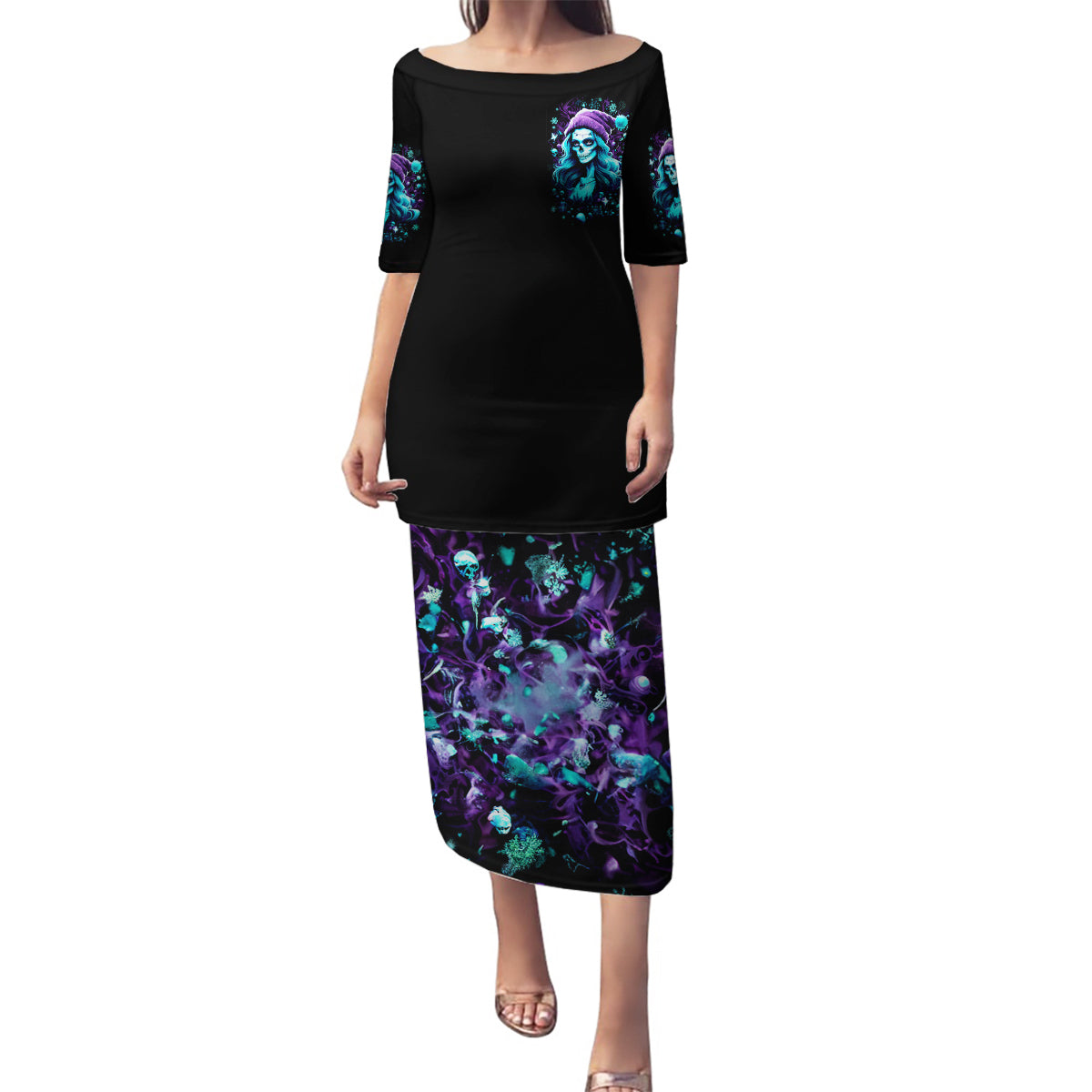 Christmas Skull Girl Family Matching Puletasi Dress and Hawaiian Shirt Warning This Tattooed Girl Does Not Play With Stupid People - Wonder Print Shop