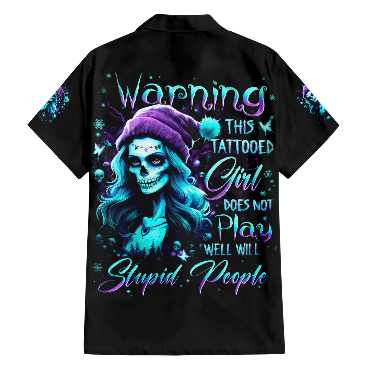 Christmas Skull Girl Family Matching Short Sleeve Bodycon Dress and Hawaiian Shirt Warning This Tattooed Girl Does Not Play With Stupid People - Wonder Print Shop