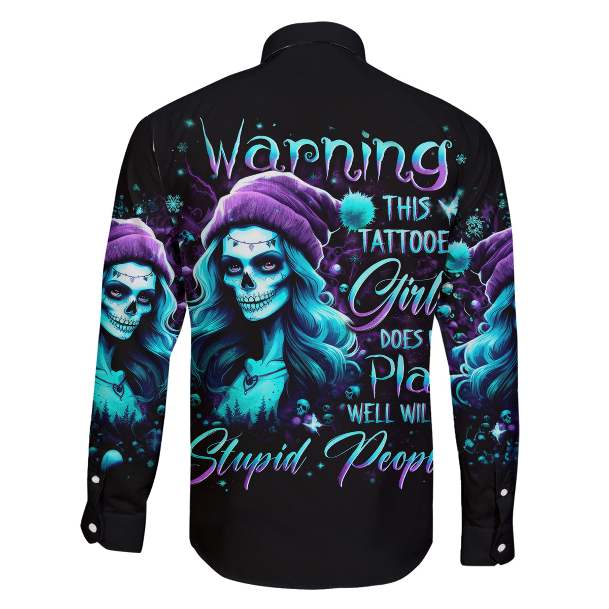 Christmas Skull Girl Family Matching Short Sleeve Bodycon Dress and Hawaiian Shirt Warning This Tattooed Girl Does Not Play With Stupid People - Wonder Print Shop
