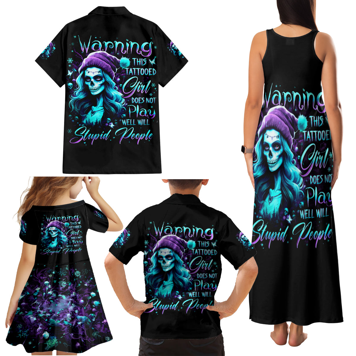 Christmas Skull Girl Family Matching Tank Maxi Dress and Hawaiian Shirt Warning This Tattooed Girl Does Not Play With Stupid People - Wonder Print Shop