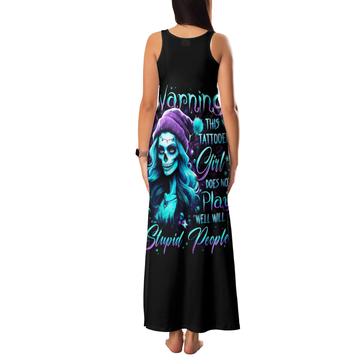 Christmas Skull Girl Family Matching Tank Maxi Dress and Hawaiian Shirt Warning This Tattooed Girl Does Not Play With Stupid People - Wonder Print Shop