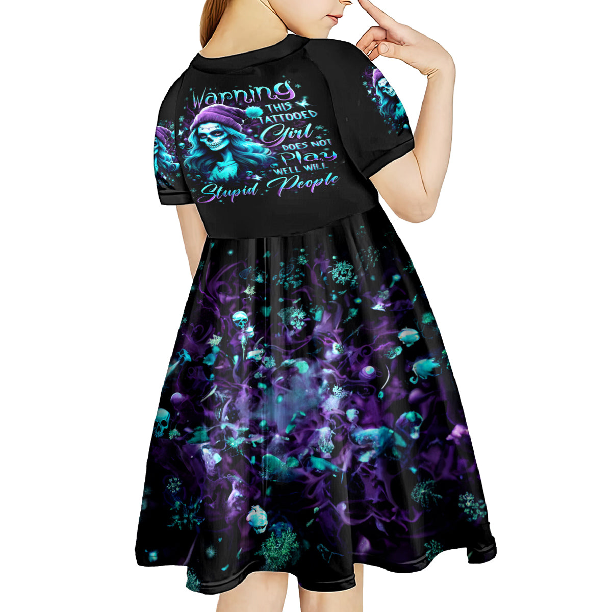 Christmas Skull Girl Kid Short Sleeve Dress Warning This Tattooed Girl Does Not Play With Stupid People - Wonder Print Shop
