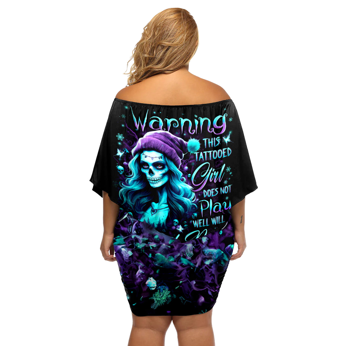 Christmas Skull Girl Off Shoulder Short Dress Warning This Tattooed Girl Does Not Play With Stupid People - Wonder Print Shop