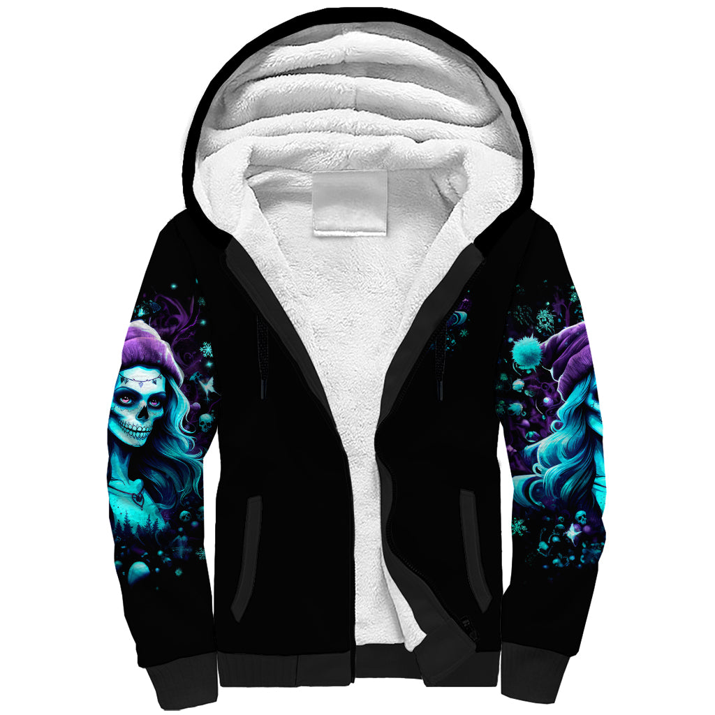 Christmas Skull Girl Sherpa Hoodie Warning This Tattooed Girl Does Not Play With Stupid People - Wonder Print Shop