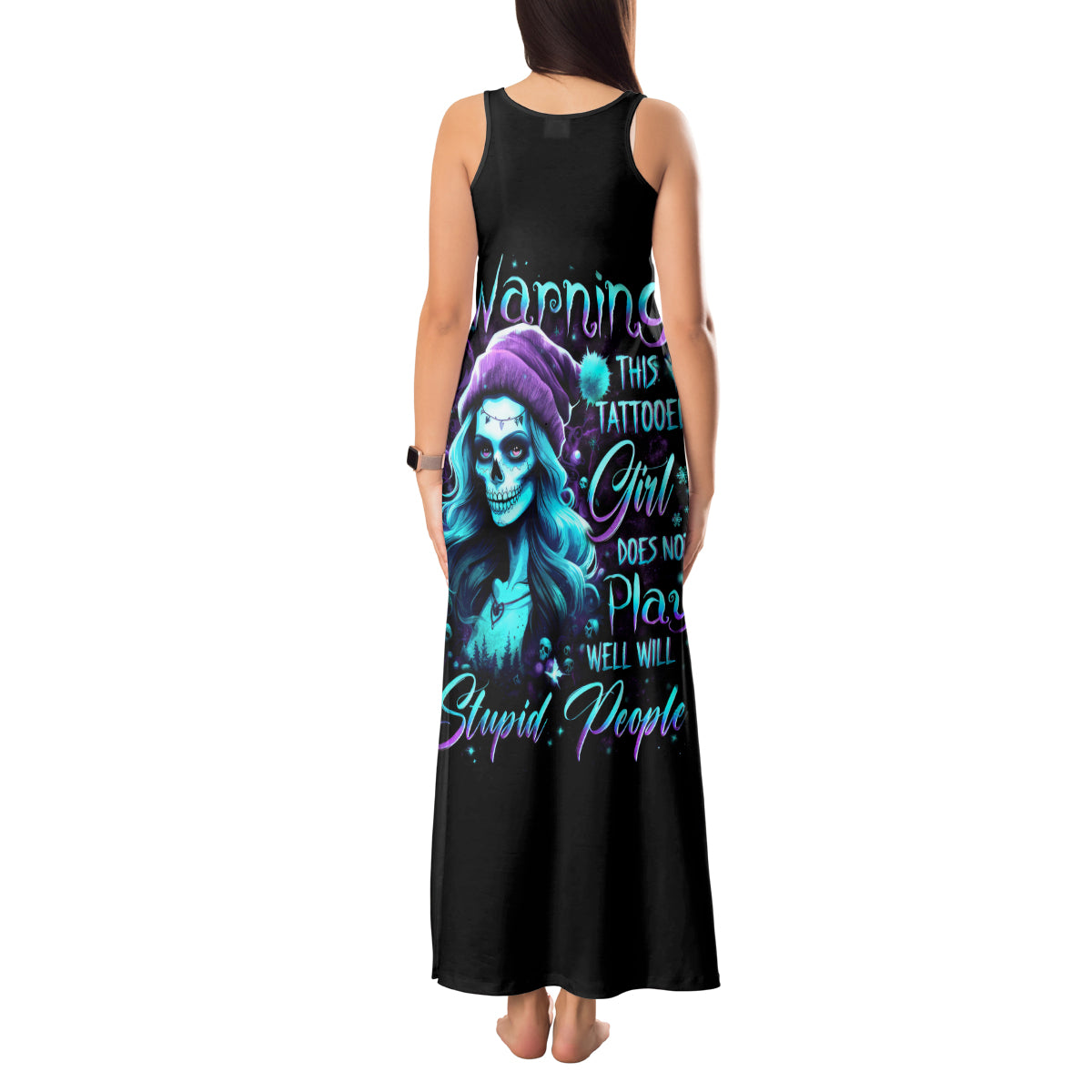 Christmas Skull Girl Tank Maxi Dress Warning This Tattooed Girl Does Not Play With Stupid People - Wonder Print Shop