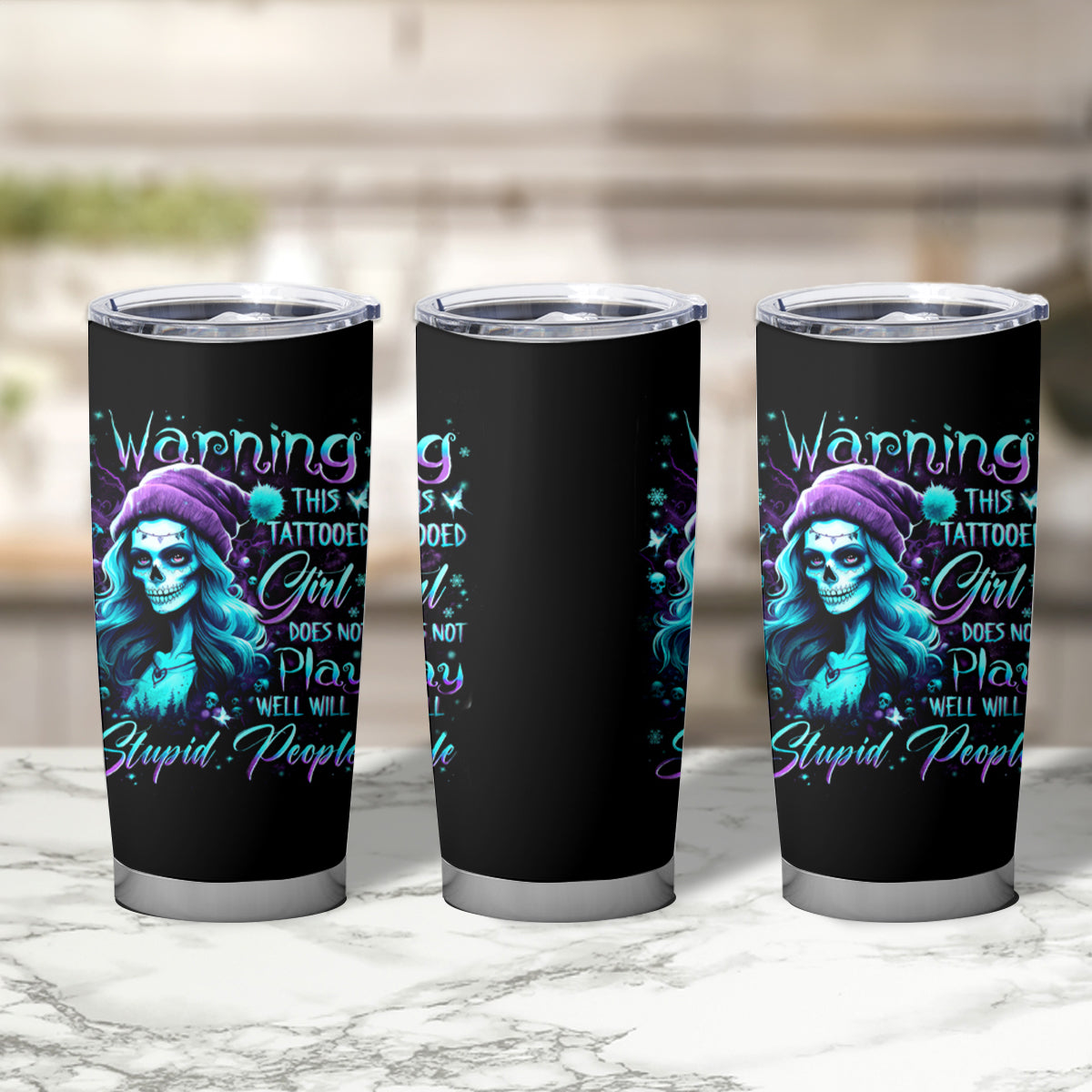 Christmas Skull Girl Tumbler Cup Warning This Tattooed Girl Does Not Play With Stupid People - Wonder Print Shop