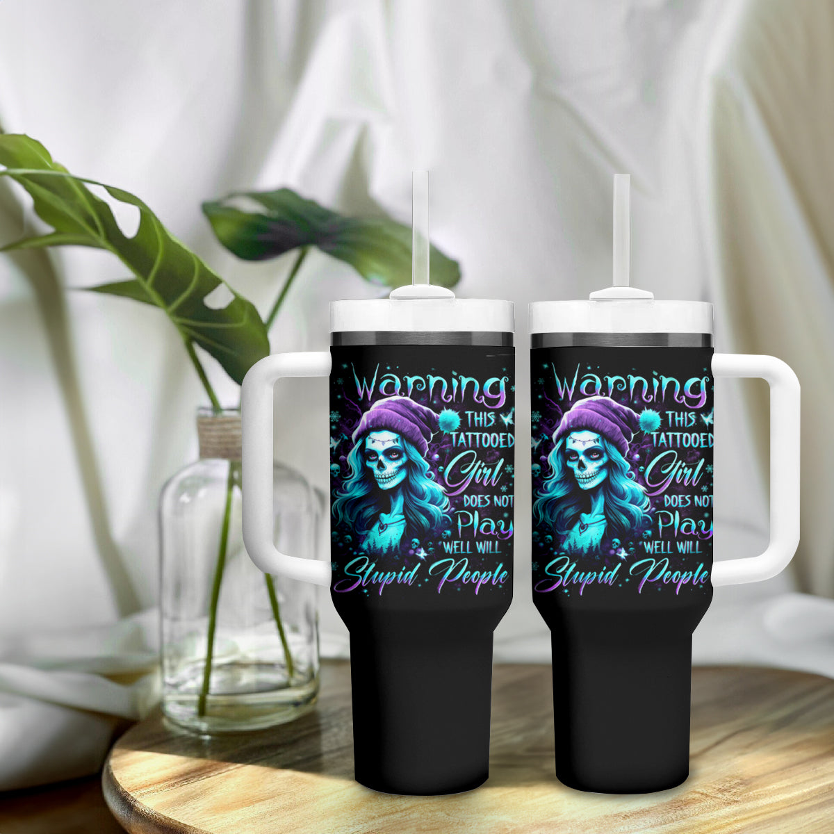 Christmas Skull Girl Tumbler With Handle Warning This Tattooed Girl Does Not Play With Stupid People - Wonder Print Shop