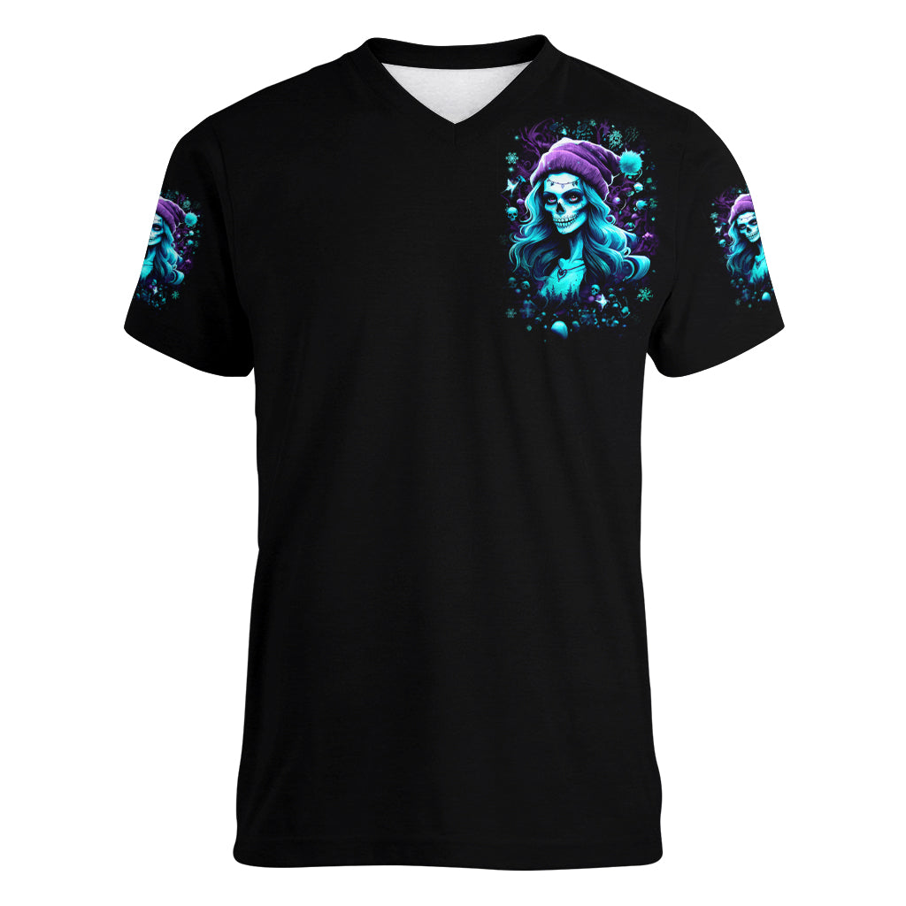 Christmas Skull Girl Women V Neck T Shirt Warning This Tattooed Girl Does Not Play With Stupid People - Wonder Print Shop