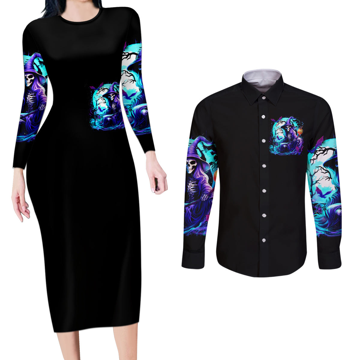 Witch Skull Couples Matching Long Sleeve Bodycon Dress and Long Sleeve Button Shirts You Couldn't Handle Me Even With Intrustions - Wonder Print Shop