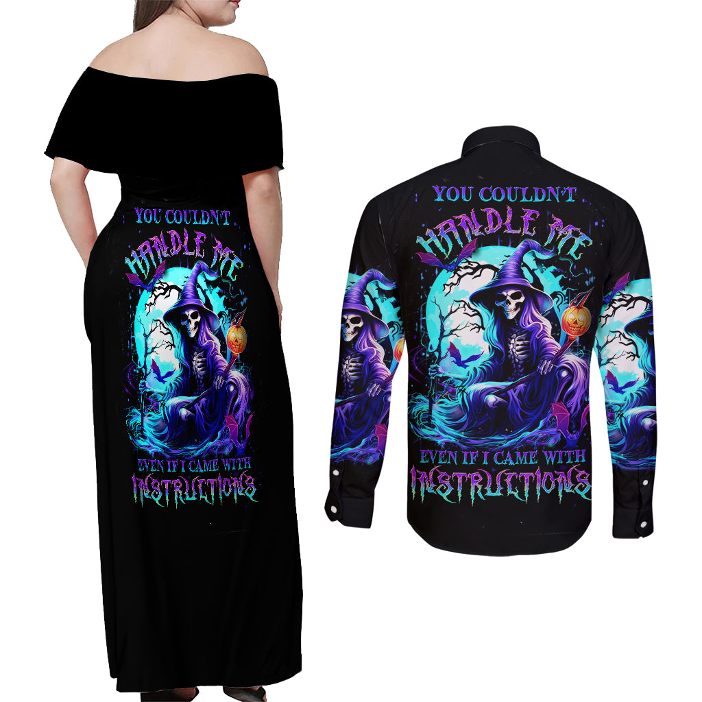 Witch Skull Couples Matching Off Shoulder Maxi Dress and Long Sleeve Button Shirts You Couldn't Handle Me Even With Intrustions - Wonder Print Shop