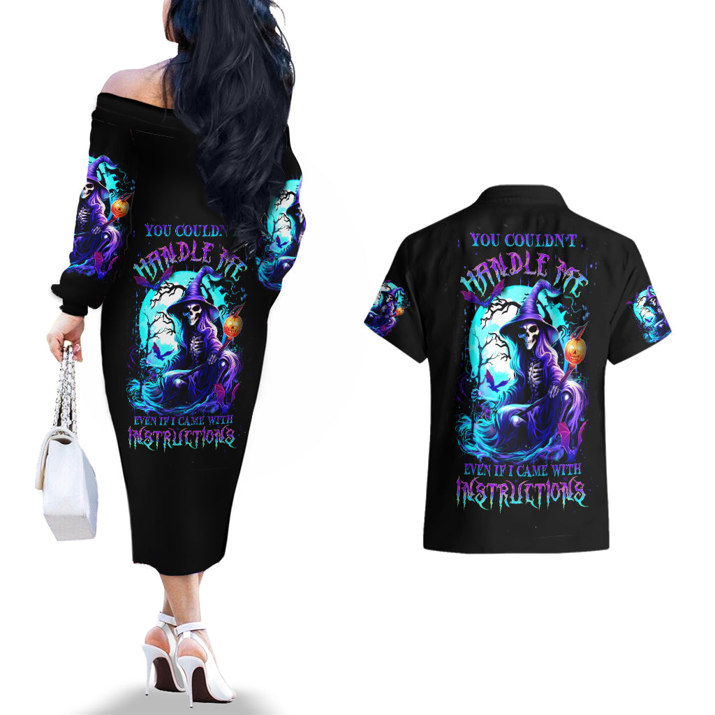 Witch Skull Couples Matching Off The Shoulder Long Sleeve Dress and Hawaiian Shirt You Couldn't Handle Me Even With Intrustions - Wonder Print Shop