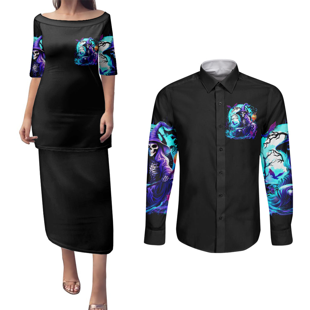 Witch Skull Couples Matching Puletasi Dress and Long Sleeve Button Shirts You Couldn't Handle Me Even With Intrustions - Wonder Print Shop