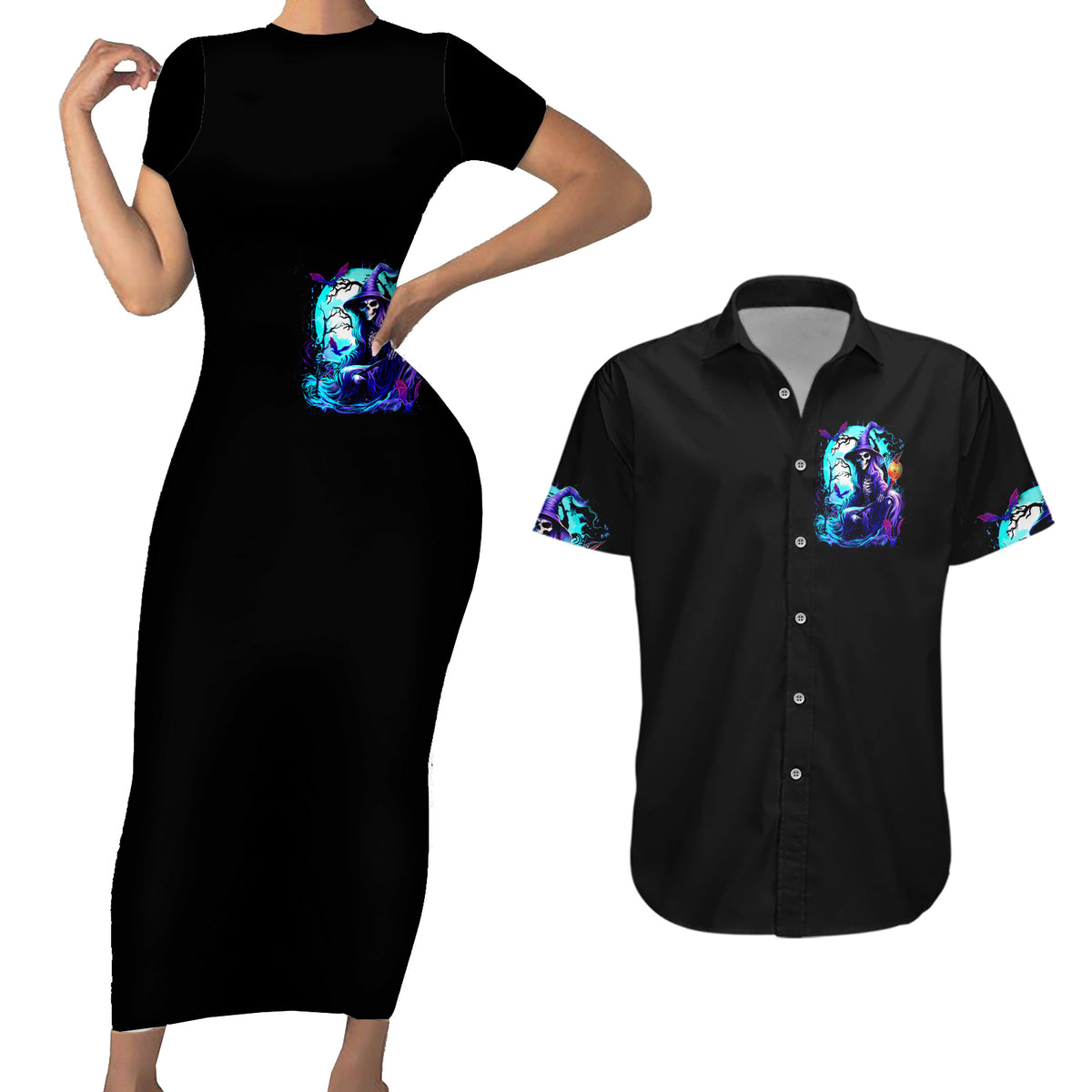 Witch Skull Couples Matching Short Sleeve Bodycon Dress and Hawaiian Shirt You Couldn't Handle Me Even With Intrustions - Wonder Print Shop