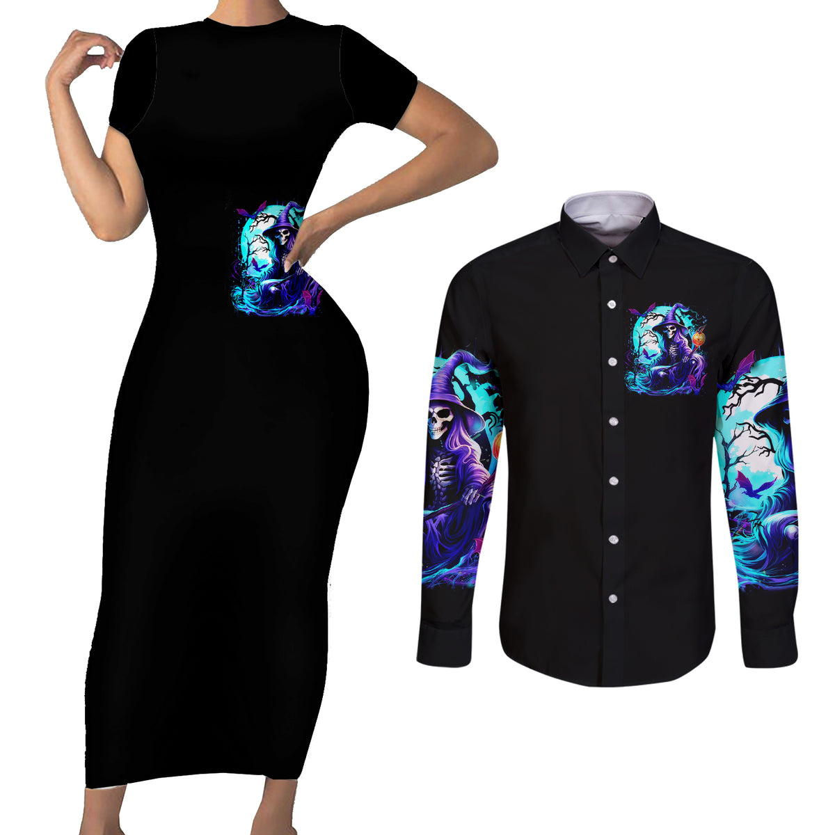 Witch Skull Couples Matching Short Sleeve Bodycon Dress and Long Sleeve Button Shirts You Couldn't Handle Me Even With Intrustions - Wonder Print Shop