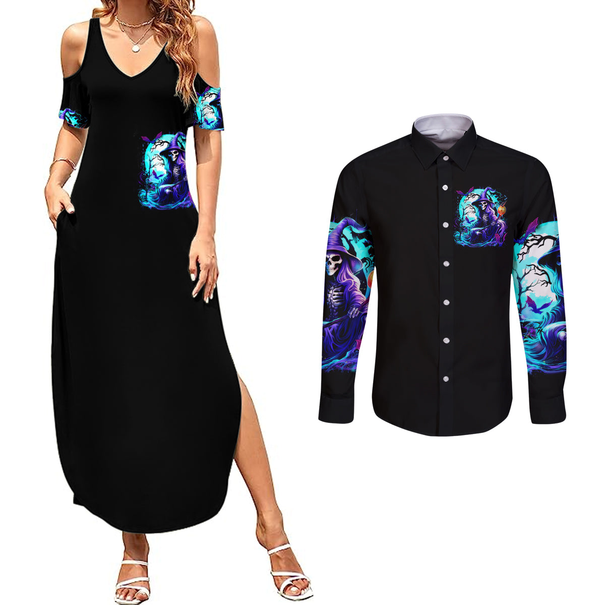 Witch Skull Couples Matching Summer Maxi Dress and Long Sleeve Button Shirts You Couldn't Handle Me Even With Intrustions - Wonder Print Shop