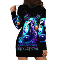 Black hoodie dress with vivid blue-purple witch skull graphic and long sleeves, hood