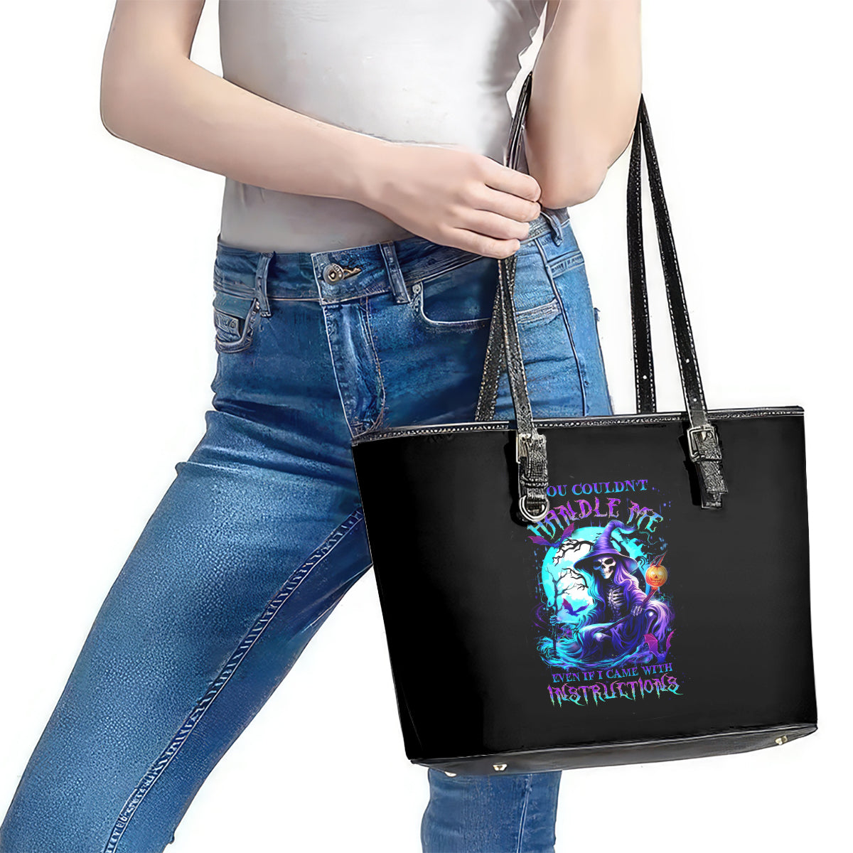 Witch Skull Leather Tote Bag You Couldn't Handle Me Even With Intrustions - Wonder Print Shop