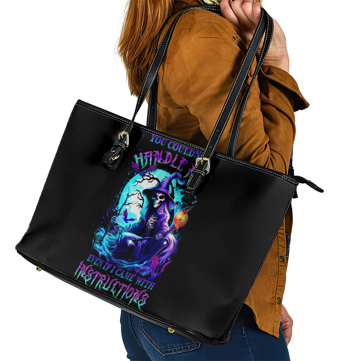 Witch Skull Leather Tote Bag You Couldn't Handle Me Even With Intrustions - Wonder Print Shop