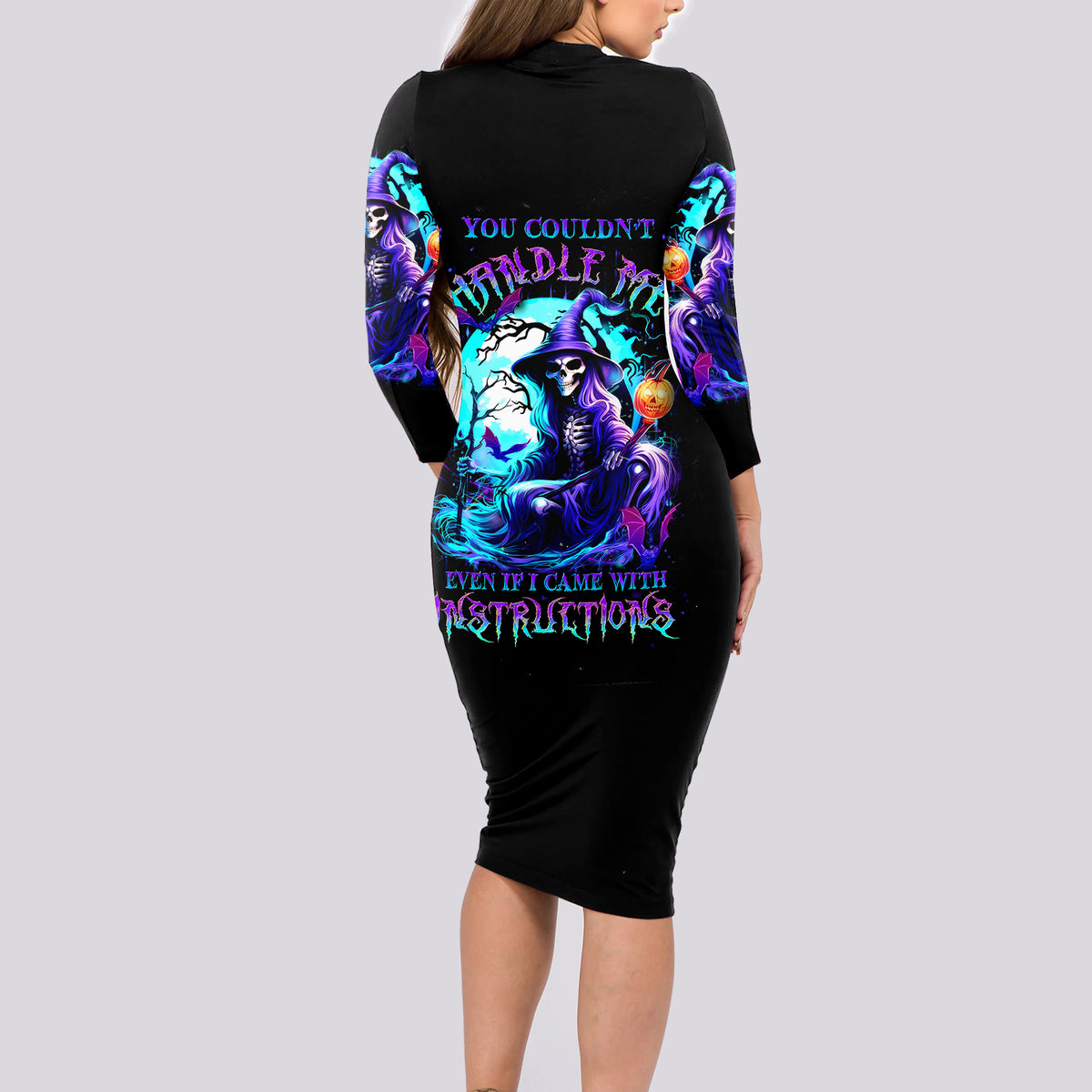 Witch Skull Long Sleeve Bodycon Dress You Couldn't Handle Me Even With Intrustions - Wonder Print Shop